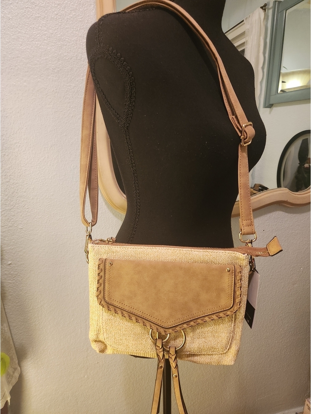 Neutral Tan Crossbody Bag with Front Flap and Tassel Detail